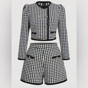 Stylish Black and White Houndstooth Cropped Blazer Top & Shorts Set